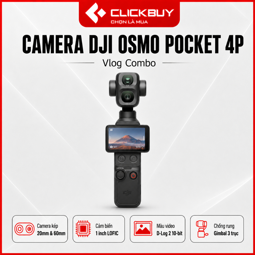 Camera DJI Osmo Pocket 4P Vlog Combo Màu Đen Camera Kép 20mm & 60mm D-Log 2 Chính Hãng