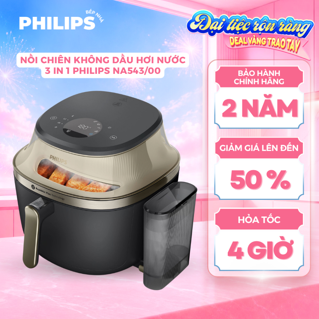 Nồi Chiên Không Dầu Hơi Nước 3 Trong 1 PHILIPS NA543/00 (7.2L) Cửa Kính Quan Sát, Chiên Nướng Ít Dầu