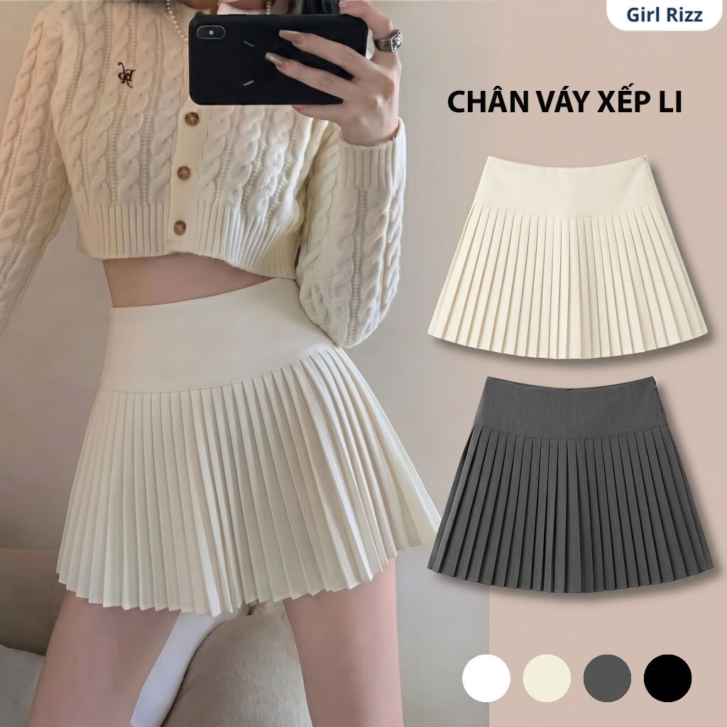 Chân Váy Xếp Ly Nhỏ Cạp Cao GIRLRIZZ Chất Vải Gold Hàn Cao Cấp Không Nhăn Nhiều Màu Mặc Mùa Hè CV002B