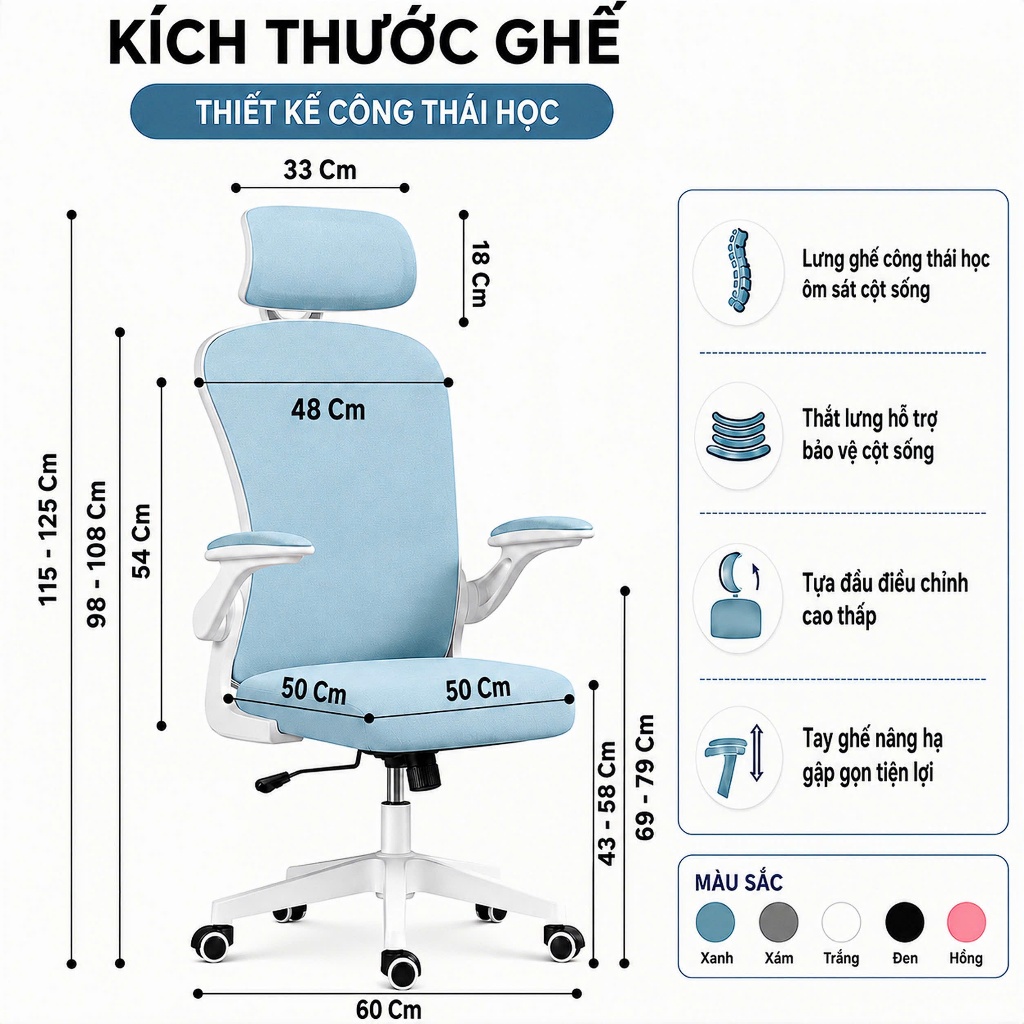 Ghế Công Thái Học {PTS}, Lưng Ghế Thiết Kế Công Thái Học Bảo Vệ Cột Sống, Tay Ghế Có Đệm Vải, Có Thể Nâng Hạ Xoay 360° | BigBuy360 - bigbuy360.vn