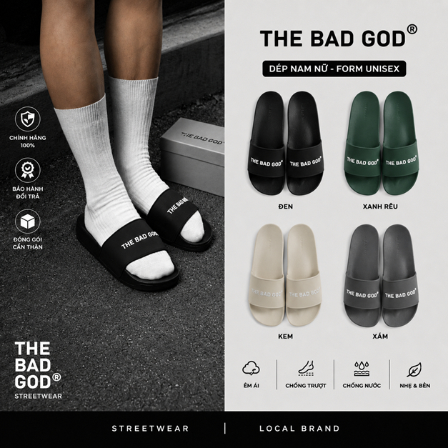 Dép Quai Ngang Basic Nam Nữ The Bad God X01 Chữ Trắng Dép Slipper Local Brand Unisex Đế PVC Chống Trơn