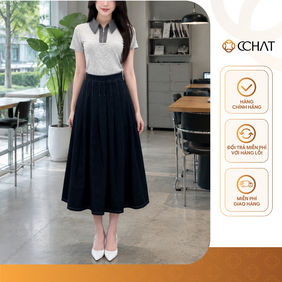 Chân Váy 𝐂𝐂𝐇𝐀𝐓 Dáng Xòe Xếp Ly Cạp Cao Basic Chất Liệu Jeans Mềm Mát 26CDJ2071XT
