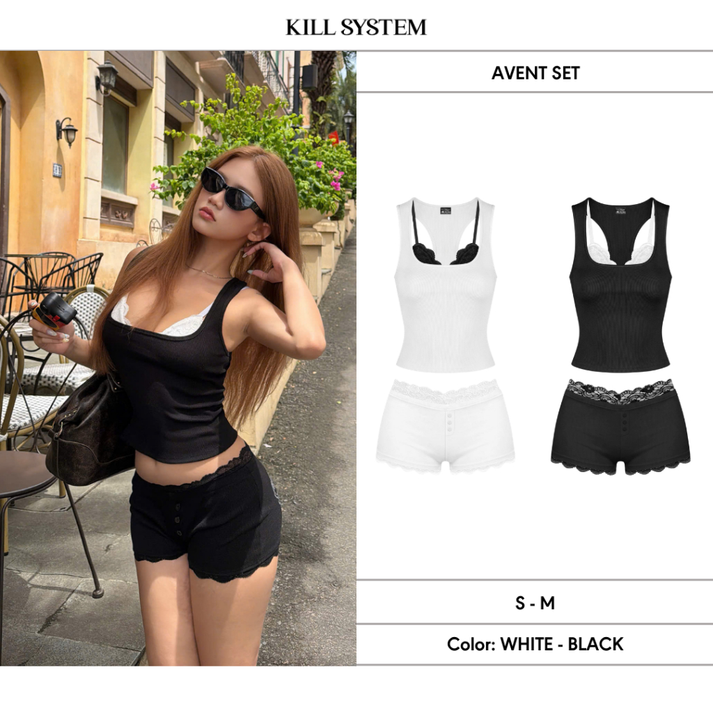 [CÓ TÁCH LẺ] Áo ba lỗ thun gân và bra hai dây ren phối quần short đính đá AVENT - 𝐊𝐈𝐋𝐋 𝐒𝐘𝐒𝐓𝐄𝐌 | BigBuy360 - bigbuy360.vn