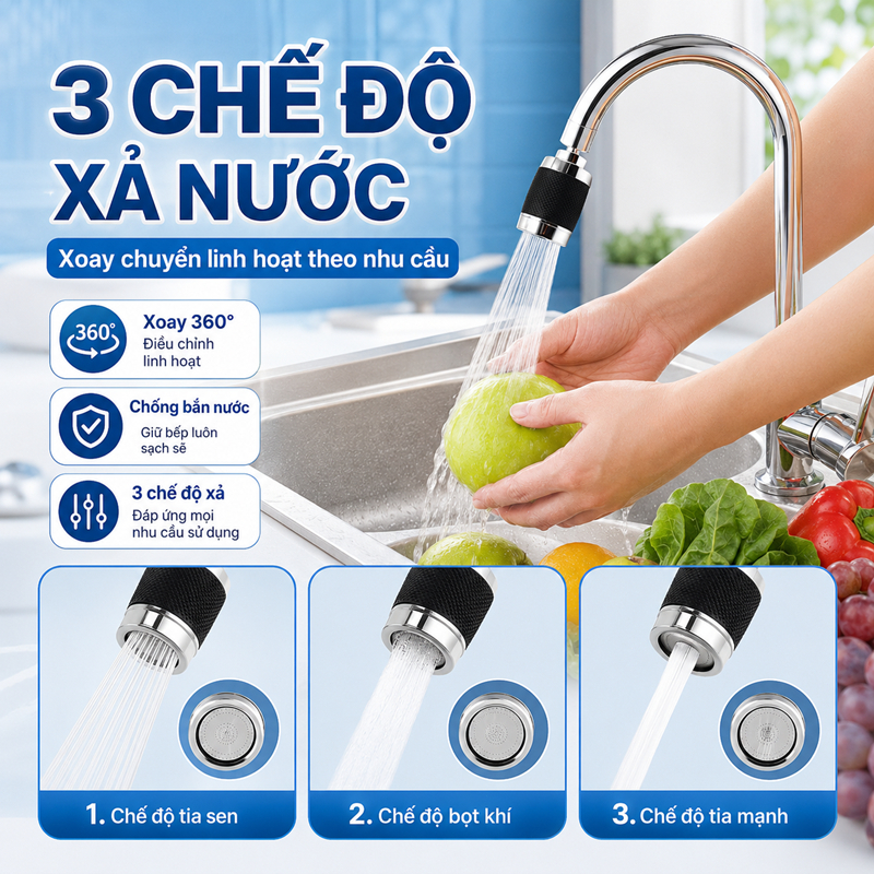 ầu vòi rửa bát tăng áp nhựa cao cấp - 3 Chế độ phun cực mạnh, xoay 360 - Sử dụng cho bồn rửa chén cutenery