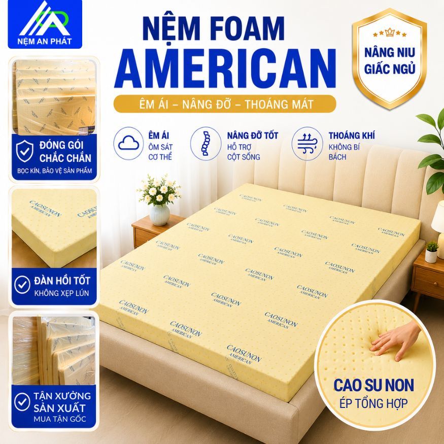 Nệm Cao Su Non American Foam Cao Cấp Êm Ái Thoáng Khí Đàn Hồi Tốt Dày 10cm & 15cm & 20cm [Tặng 2 Gối Nằm]