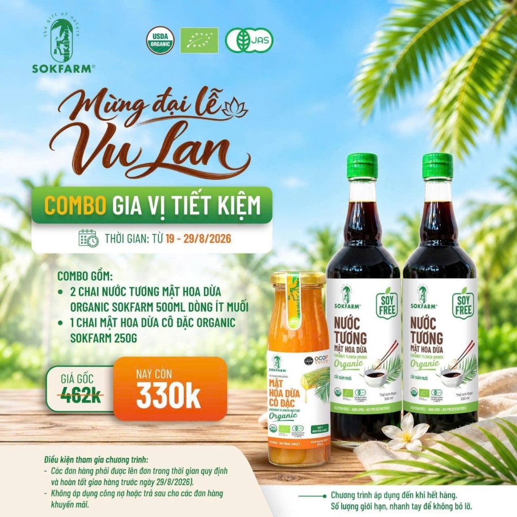 [Chai 500ml] Nước tương Mật Hoa Dừa Organic Sokfarm không đậu nành thuần chay, giảm muối - CHO BÉ
