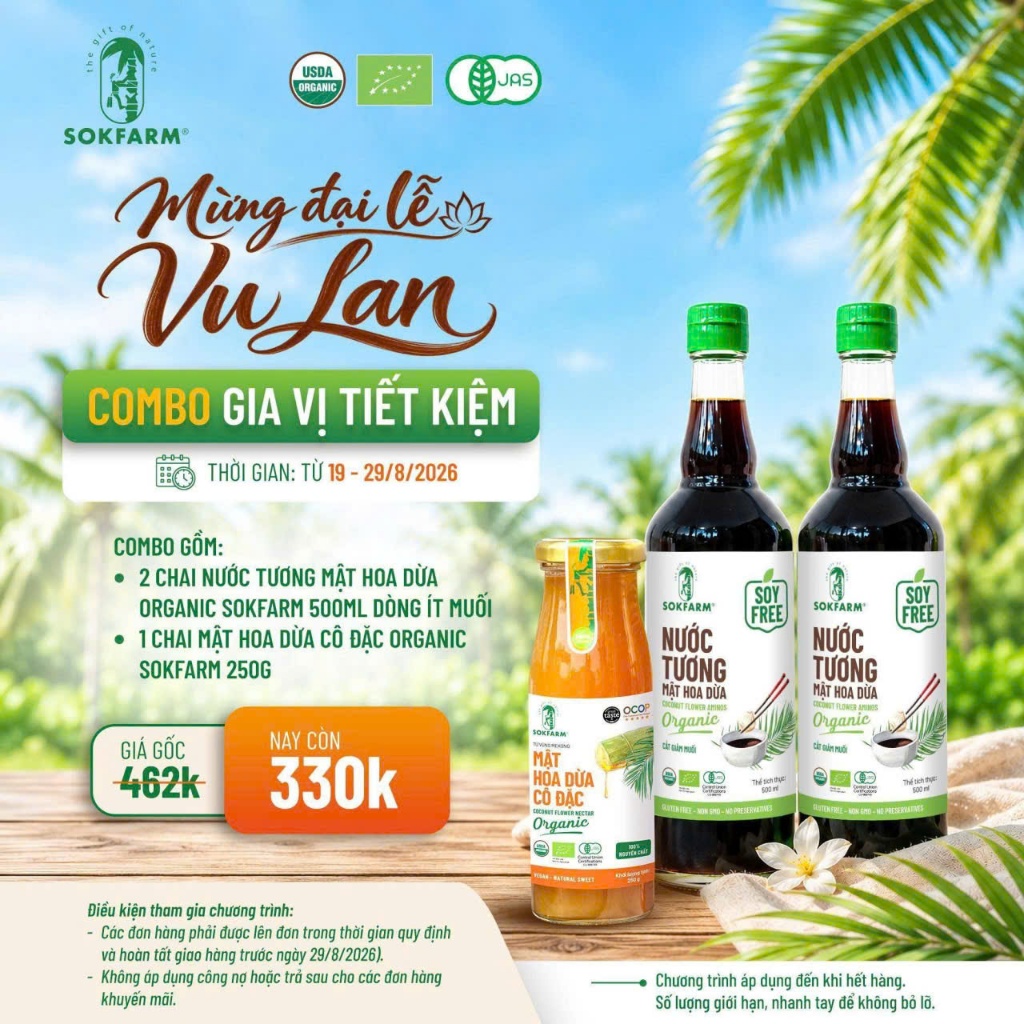 [SALE Chai 500ml] Nước tương hữu cơ mật hoa dừa Sokfarm Organic không đậu nành, giảm muối
