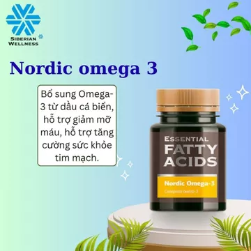 Thực phẩm Siberian Wellness Nordic Omega-3, thực phẩm bổ sung omega-3 cho sức khỏe, chai 60 viên."
