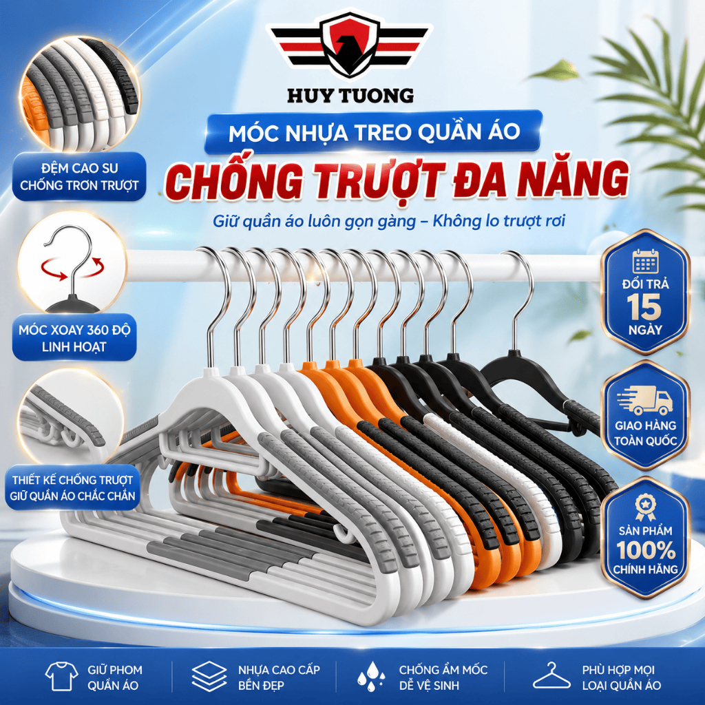 Combo 50 Móc Nhựa Treo Quần Áo Chống Trượt Đa Năng Huy Tưởng, Móc Treo Đồ Chống Tuột Xoay 360 Độ