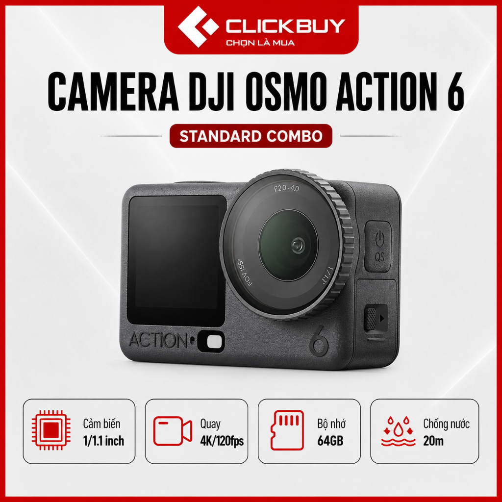 Camera DJI Osmo Action 6 Standard Combo Cảm Biến 1/1.1 Inch Quay 4K/120fps Chống Nước 20m Chính Hãng