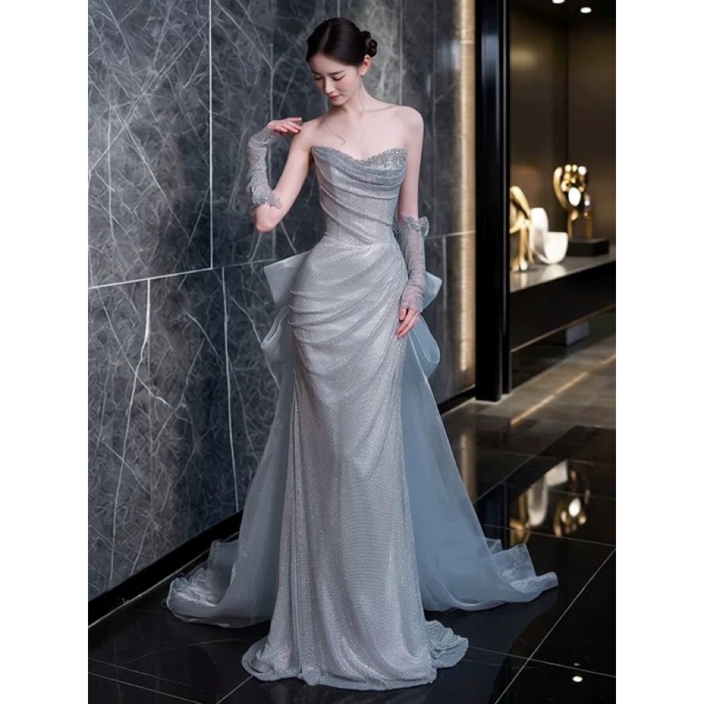 Đầm Dạ Hội Dài Sang Trọng Dáng Ôm Cúp Ngực Ánh Kim Kèm Nơ Lưng Và Găng Tay Tiệc Cưới Sự Kiện