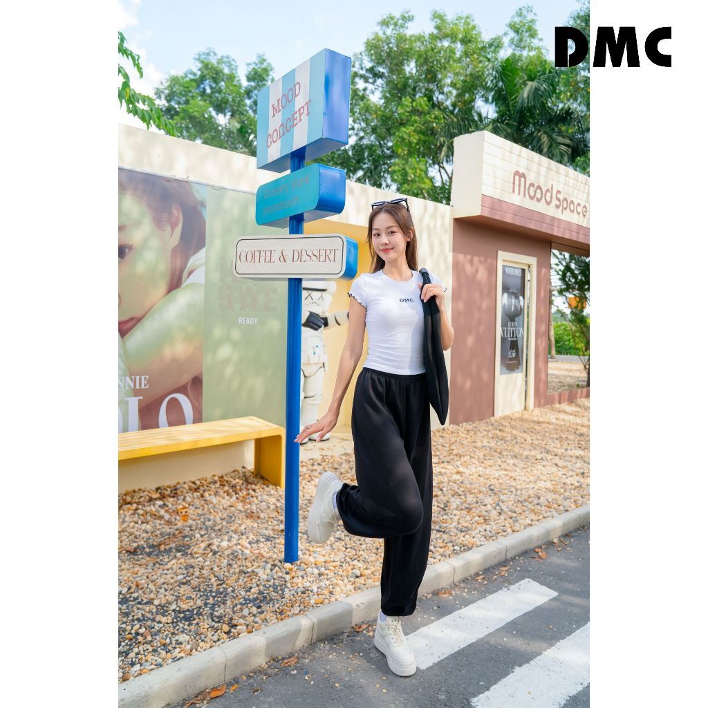 [EC2] Set bộ nữ quần dài DMC (Cropped Ribbed Tshirt And Black Pants)