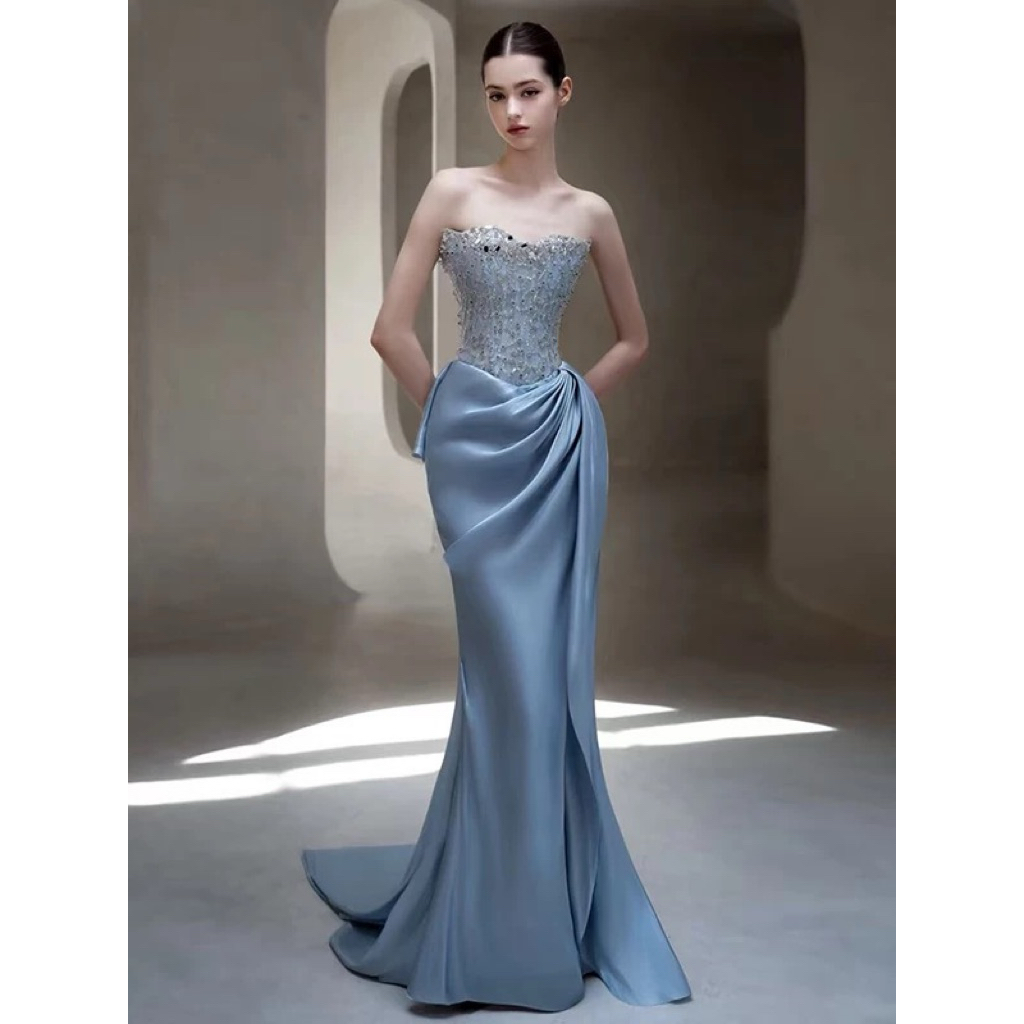 Đầm Dạ Hội Dài Xanh Khói Cúp Ngực Đính Đá Dáng Ôm Sang Trọng Kèm Tà Rủ Dự Tiệc Gala Sự Kiện