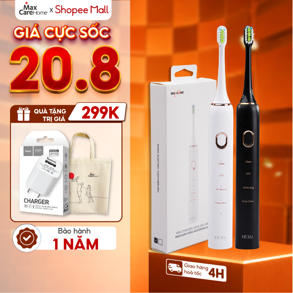 Bàn Chải Điện Maxcare Hera SE công nghệ sóng âm Sonic sạch Gấp 20 lần, 4 Chế Độ Đánh Răng, 30 ngày sạc 1 Lần - Nhật Bản