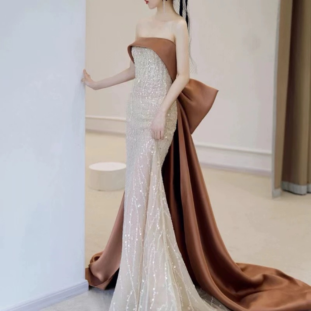 Đầm Dạ Hội Dài Lấp Lánh Cúp Ngực Đính Kim Sa Kèm Nơ Lưng Bản Lớn Sang Trọng Dự Tiệc Gala Sự Kiện