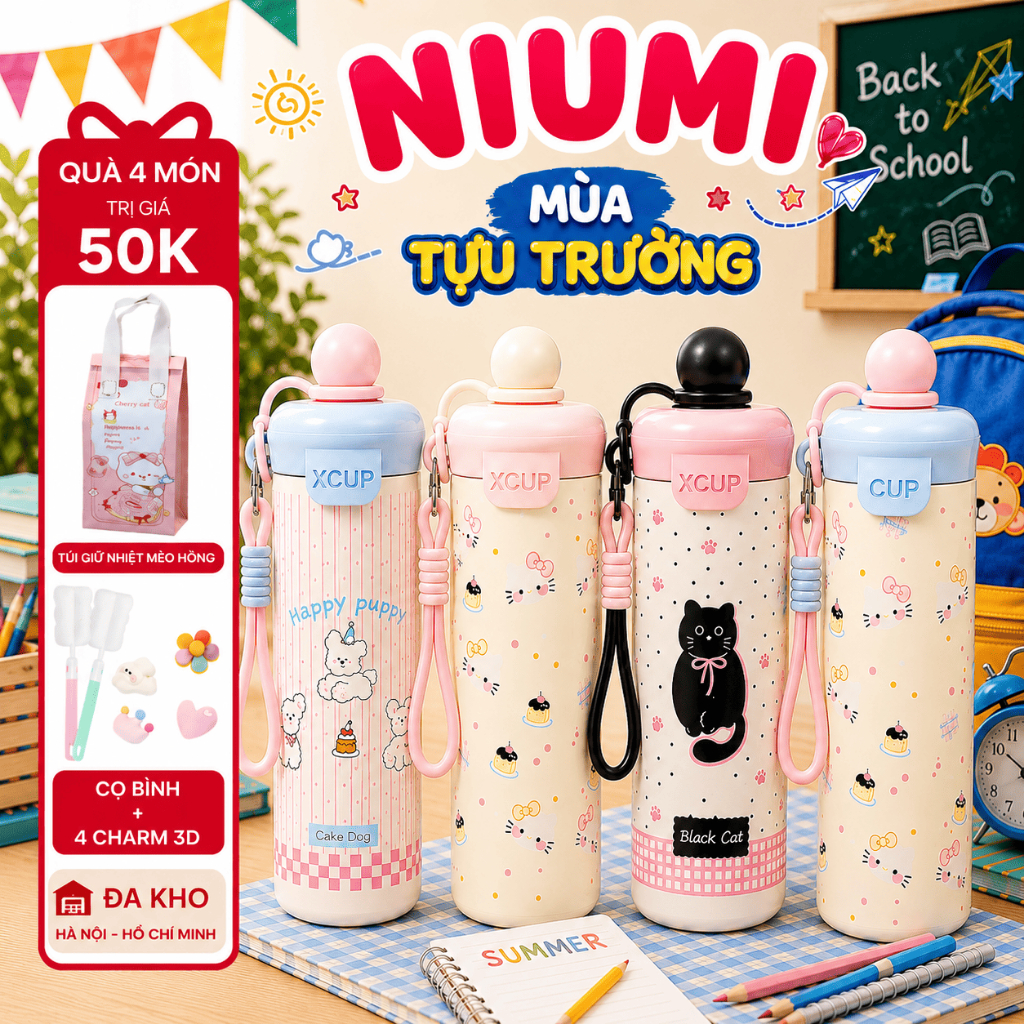 Bình giữ nhiệt XCUP NIUMI ống hút mới, INOX 316, dung tích 600ml, màu gradient dành cho học sinh, sinh viên