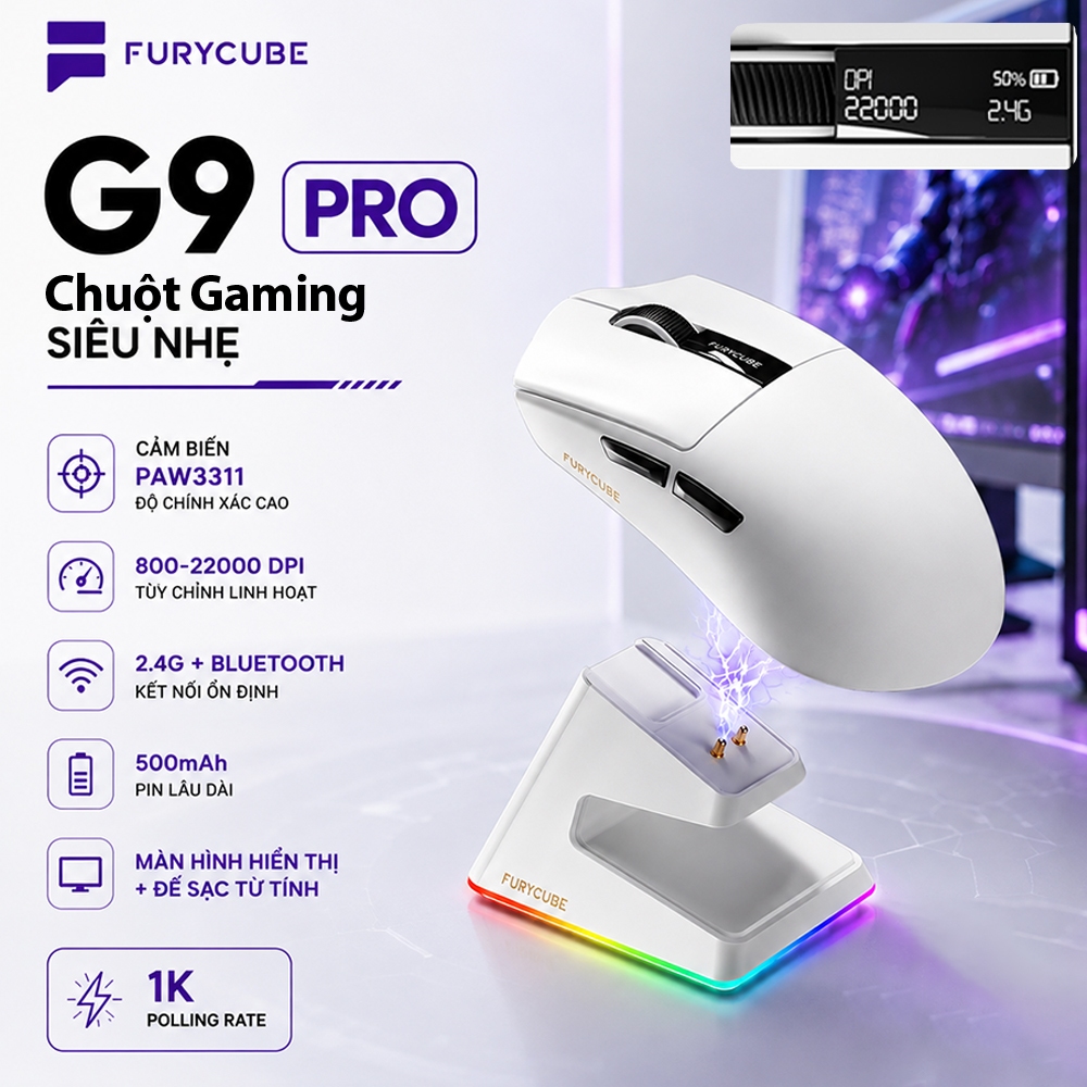 Chuột Gaming Không Dây Bluetooth 2.4G FURYCUBE G9 Dock Sạc, PAW3311 Polling Rate 1Khz, 22000 DPI | BigBuy360 - bigbuy360.vn