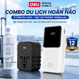 COMBO Ổ Cắm Du Lịch DELI + Sạc Dự Phòng 10000mAh Sạc Nhanh 22.5W Chân Cắm Mỹ Úc Anh Châu Âu Dùng Cho Đa Quốc Gia