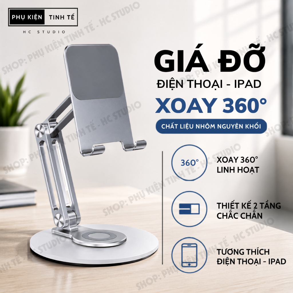 Giá đỡ điện thoại, ipad xoay 360 độ bằng nhôm nguyên khối 2 tầng gấp gọn, chân đế tròn để bàn sang trọng