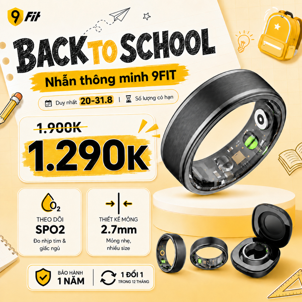 Nhẫn Thông Minh 9Fit, Smart Ring Theo Dõi Sức Khoẻ, Bước chân, Đo Nhịp Tim, Giấc Ngủ, Chống Nước IP6 - Hàng chính hãng