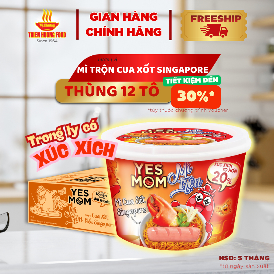 CÓ XÚC XÍCH TRONG TÔ – Thùng 12 tô Mì Trộn Có Xúc Xích Cua Xốt Singapore Yes Mom 113.2gram/tô [TMNBK0031]