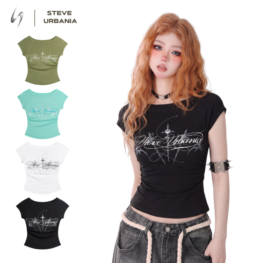 Áo Baby Tee Trễ Vai Nữ STEVE URBANIA Áo Thun Ôm Body Cotton Co Giãn In Chữ - RIB03