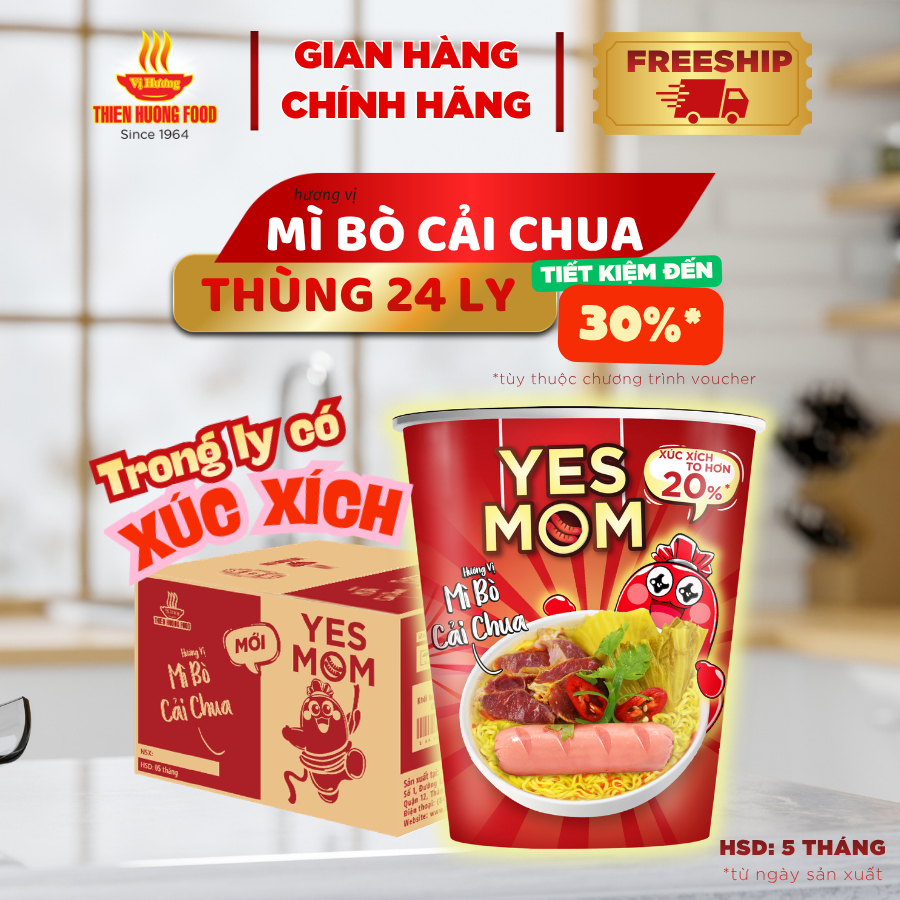 CÓ XÚC XÍCH TRONG LY – Thùng 24 ly Mì Bò Cải Chua Yes Mom Có Xúc Xích 79.2gram/ly   [TMNLY0018]
