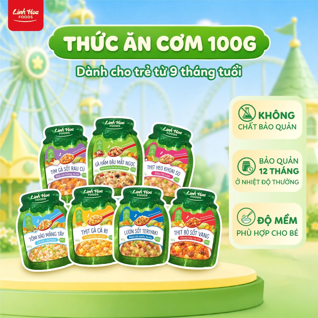 [9m+] 7 vị Thức Ăn Cơm 100g (Gà cà ri, Bò sốt vang, Tôm xào măng tây...) - Linh Hoa Foods