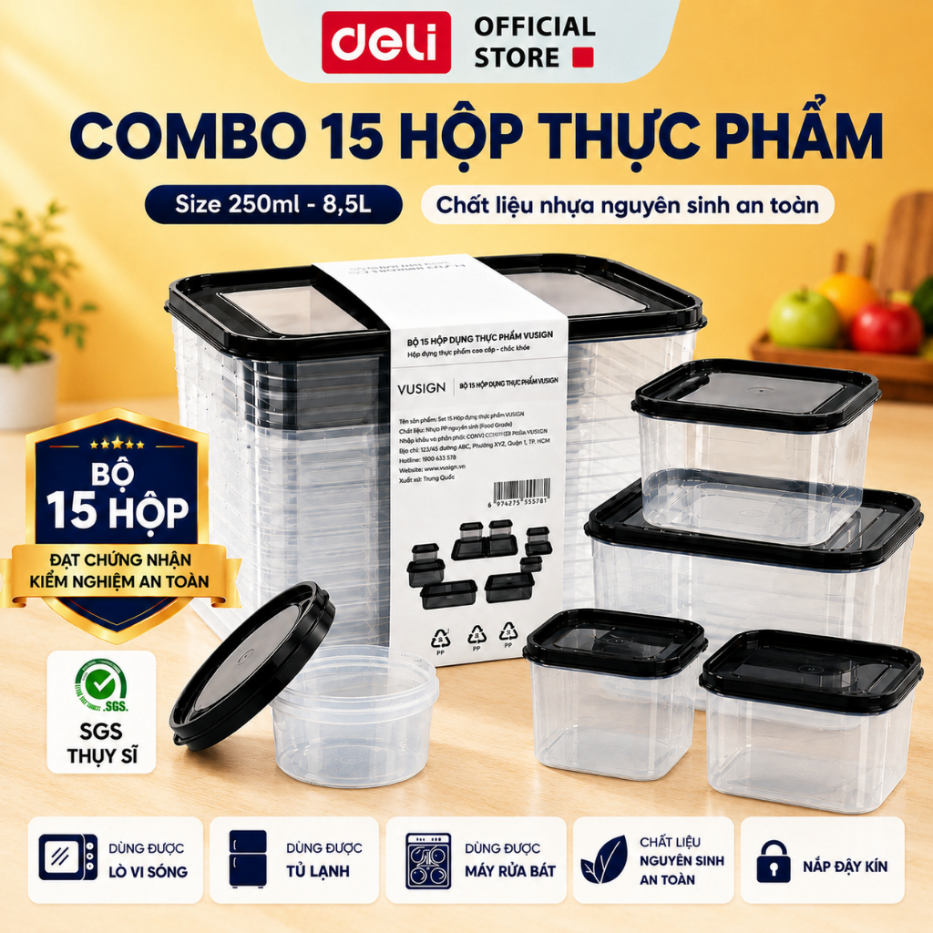 Bộ 15 Hộp Đựng Thực Phẩm DELI x VUSIGN 250–8500ml Hộp Thức Ăn Đồ Ăn Dùng Lò Vi Sóng, Máy Rửa Bát