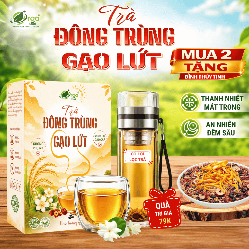 Trà Đông Trùng Hạ Thảo Gạo Lứt Orgafood hộp 500g, [MUA 2 TĂNG BÌNH] Trà Gạo Lứt Đông Trùng Sấy Thăng Hoa
