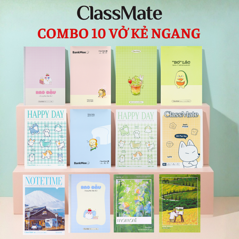 Combo 10 Vở Kẻ Ngang B5 ClassMate BankMee, HappyDay, Matcha 80/120/200 Trang Bìa Cứng Giấy Ăn Mực