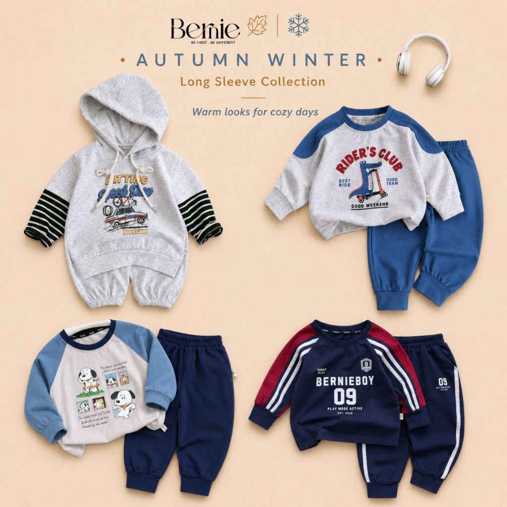 Set bộ đồ thun dài tay thu đông tổng hợp nhiều mẫu cho bé trai bé gái 1 đến 7 tuổi BERNIE