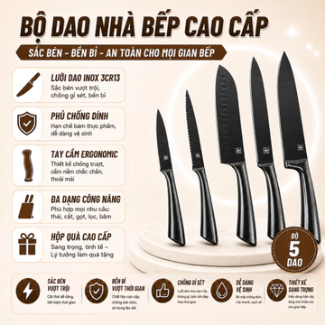 Bộ Dao Nhà Bếp 5 Món Kèm Nắp, Hộp – Thép Không Gỉ, Dao Chef, Dao Thái, Dao Gọt Đa Năng Tiện Dụng Cho Nhà Bếp