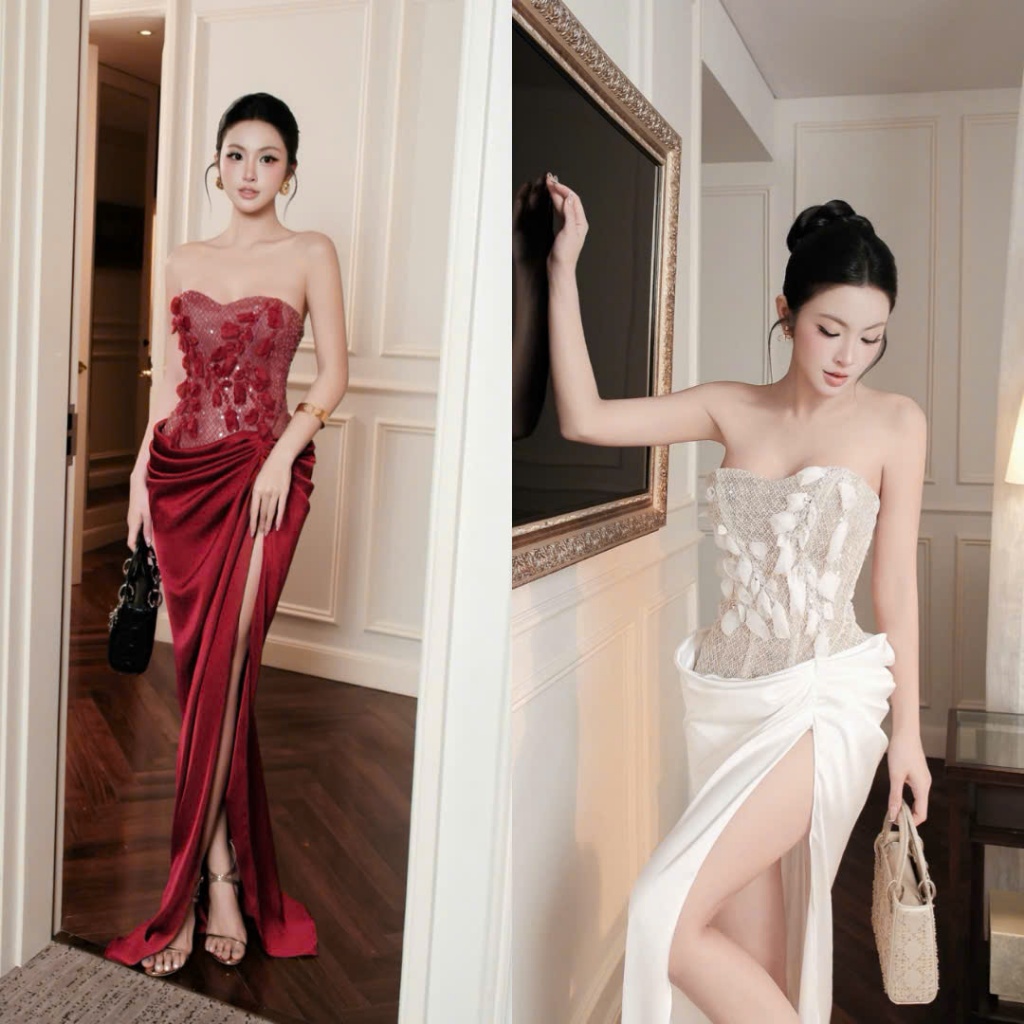 Đầm Cup Kim Sa Hoa Nổi Xẻ Tà Quyến Rũ Dự Tiệc