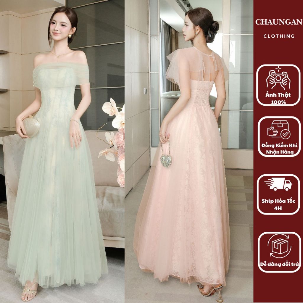 Váy Dạ Hội Dáng Dài Trễ Vai Tơ Ren Cao Cấp
