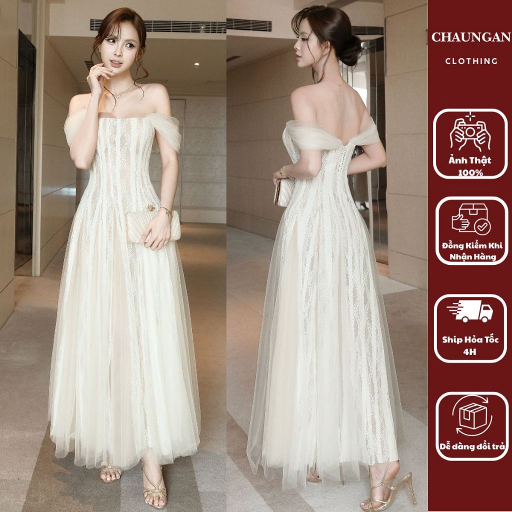 Đầm Dạ Hội Dáng Dài Trễ Vai Phối Ren Ánh Kim Váy Dạ Tiệc Đi Cưới Trễ Vai Tay Voan Tơ Sang Chảnh