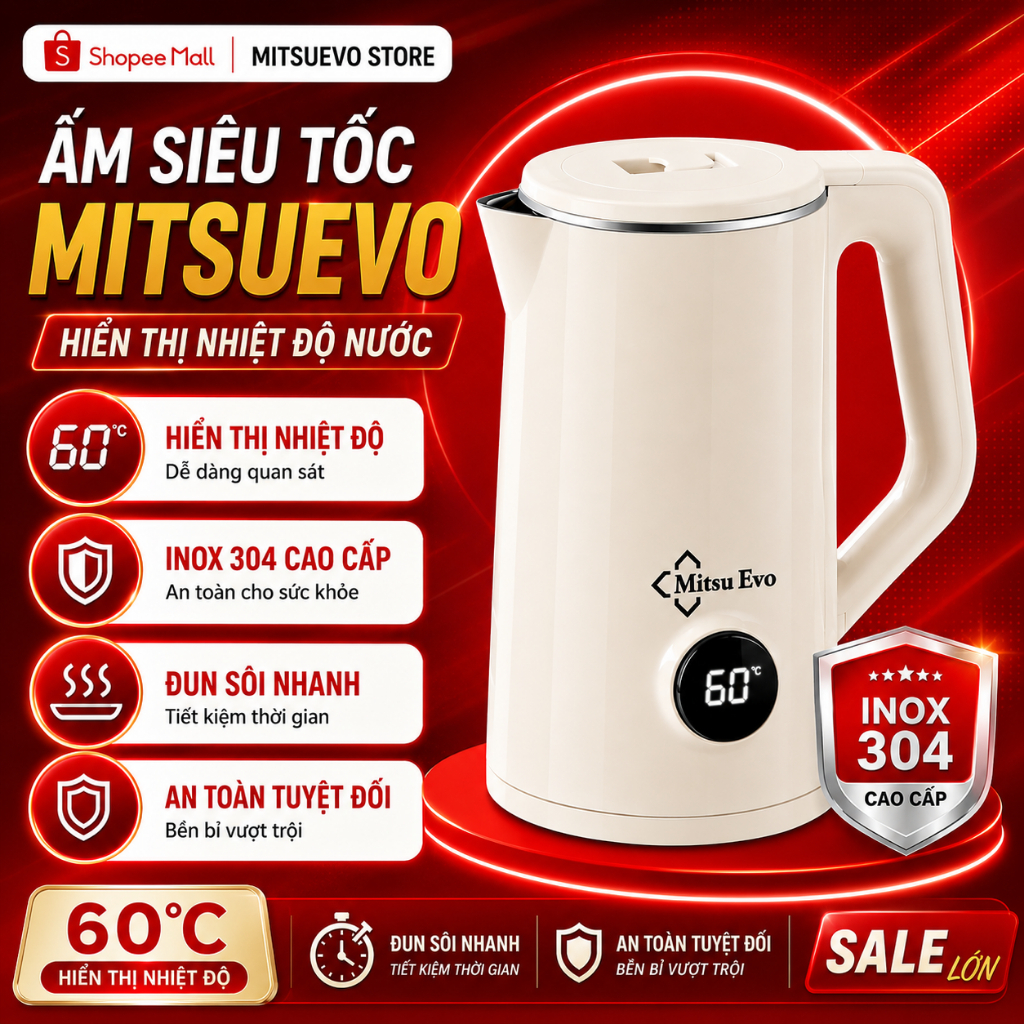 Ấm Siêu Tốc Cao Cấp MitsuEvo 1.8L MSB-369 Công Suất 1500W ,Inox 304 ,Tự Động Ngắt Khi Sôi