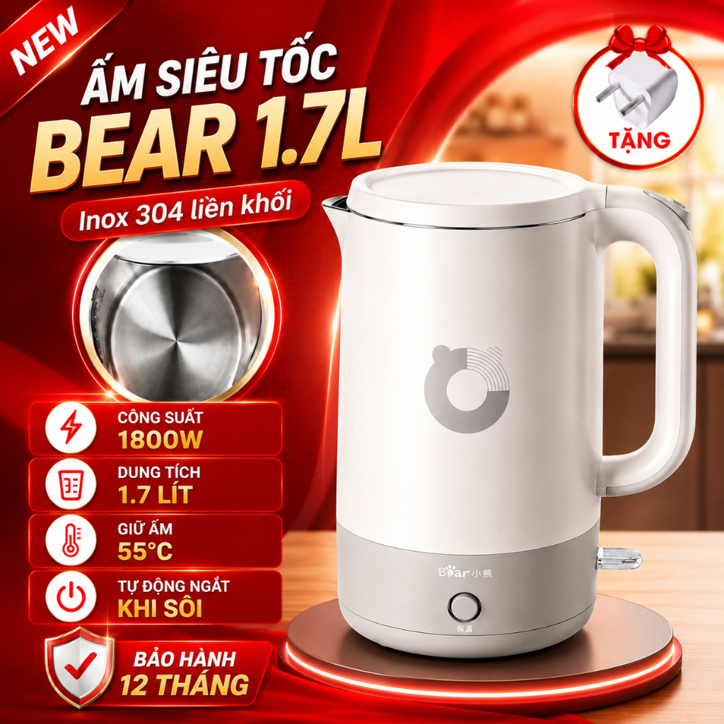 Ấm Siêu Tốc Bear MITSUEVO Dung Tích 1.7L Công Suất 1800W Inox 304 Không Gỉ