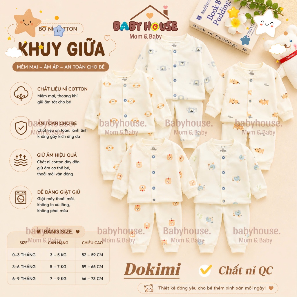 [ Bộ Nỉ Cotton] set 3-5 Bộ Quần Áo Dài Tay Thu Đông Cúc Giữa Chất Nỉ Hàn Bảng Màu Kem Cho Bé Sơ Sinh 3-9kg