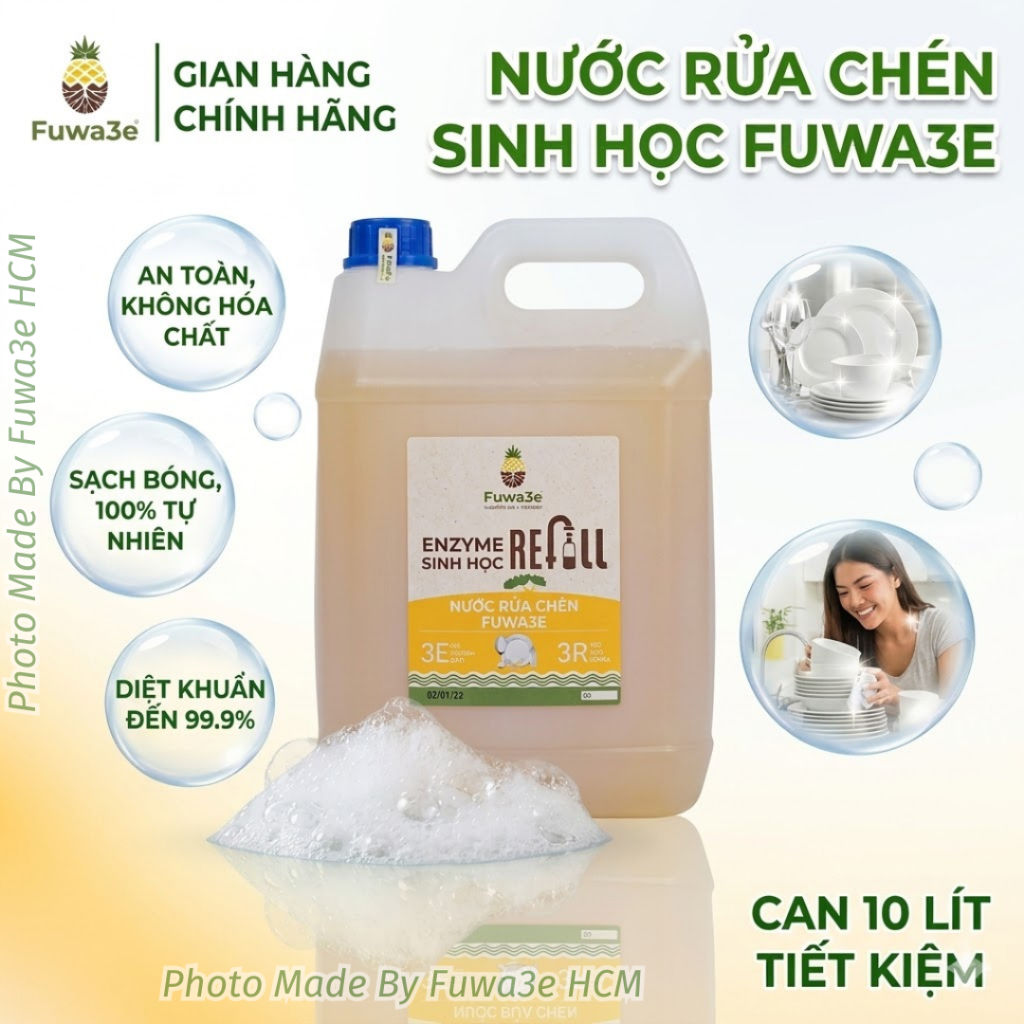 [SALE CAN 10L] Nước Rửa Chén Bát Fuwa3e Enzyme Sinh Học An Toàn ko hóa chất, ko dị ứng da