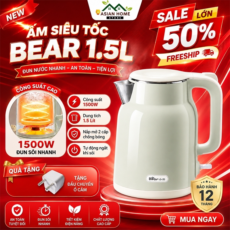 Ấm Đun Siêu Tốc MitsuEvo Bear 1,5 Lít Công Suất 1500W, Inox 304 Không Gỉ,Thiết Kế Hiện Đại