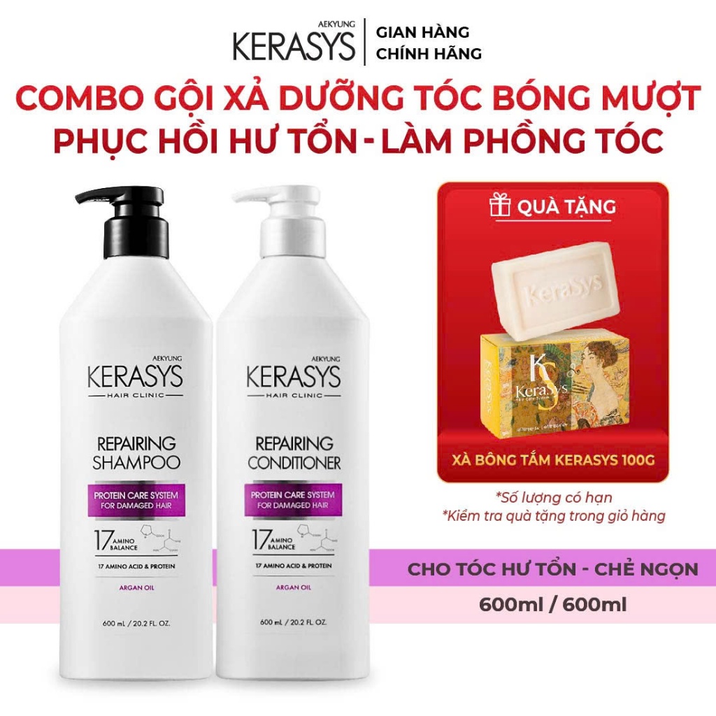 Cặp dầu gội xả phục hồi và tăng cường độ bóng cho tóc khô xơ xỉn màu Kerasys Repairing Hàn Quốc 600ml