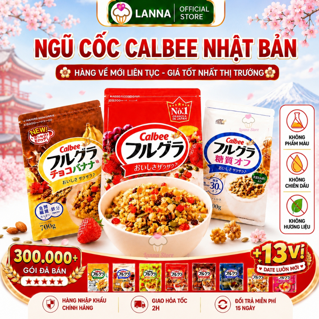 【DATE MỚI + ĐỦ VỊ 】Ngũ cốc Calbee Nhật Bản Mix Sữa Trái Cây Sấy Granola Ăn Sáng Eatclean Lanna Store