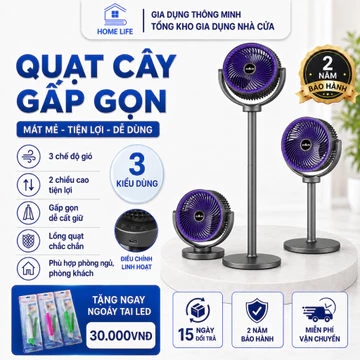 Quạt Tích Điện 3D Để Bàn/Đứng Sàn, Sạc Type-C, 5 Cấp Độ Gió, Điều Chỉnh Chiều Cao, Lồng Gió Tăng Áp Làm Mát Mạnh Mẽ