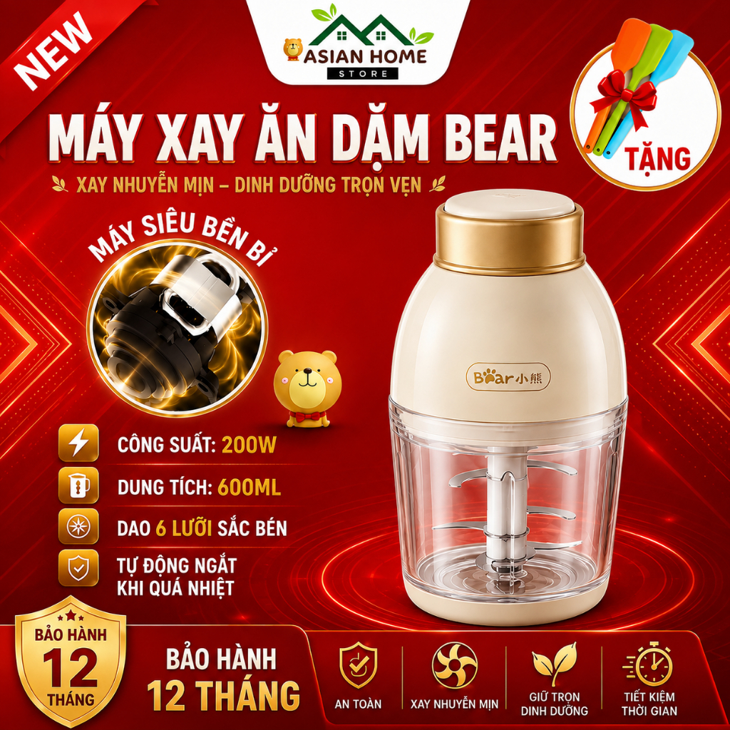 Máy Xay Ăn Dặm Cho Bé Bear Dao 6 Lưỡi Công Suất 200W Cối Thủy Tinh Dày Dặn Bảo Hành 12 Tháng