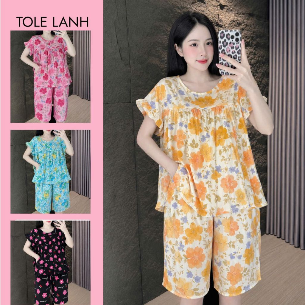 Đồ Bộ Tole Nữ Lửng Tay Cánh Dơi Mặc Nhà Dễ Thương, Bộ Tole Lanh Bigsize Chất Liệu Mềm Mát Siêu Hút Mồ Hôi <75kg T14 SIZE