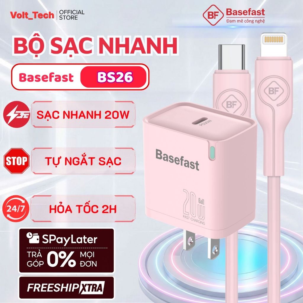 Bộ Sạc Nhanh Basefast 20W/30W - C to L, C to C dài 1m, Chống Cháy An Toàn, Tự Ngắt Sạc