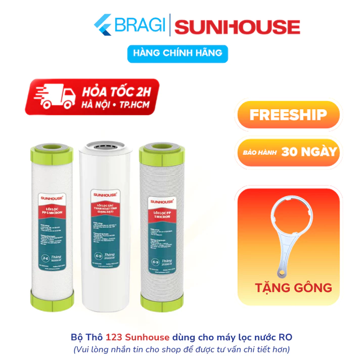 Combo 3 Lõi 123 SUNHOUSE Lọc Thô Chính Hãng Mẫu Mới Dành Cho Máy Lọc Nước RO Sử Dụng Cốc Lọc 10inch