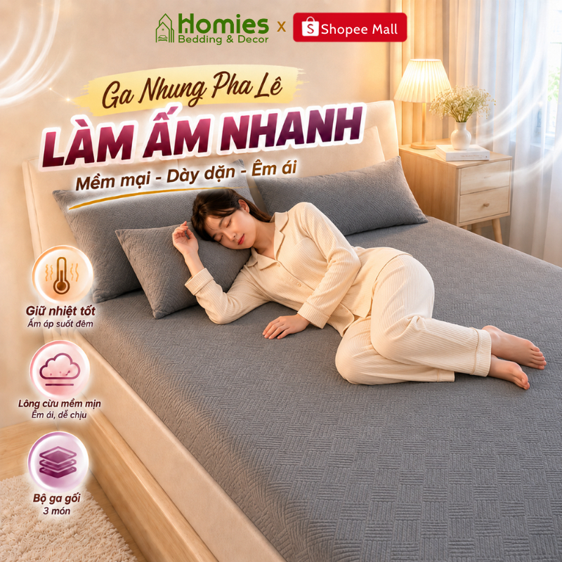 Bộ Ga Gối HOMIES Bedding & Décor Nhung Pha Lê (01 Ga, 02 Vỏ Gối Nằm) - Không Bai Xù, Không Phai Màu