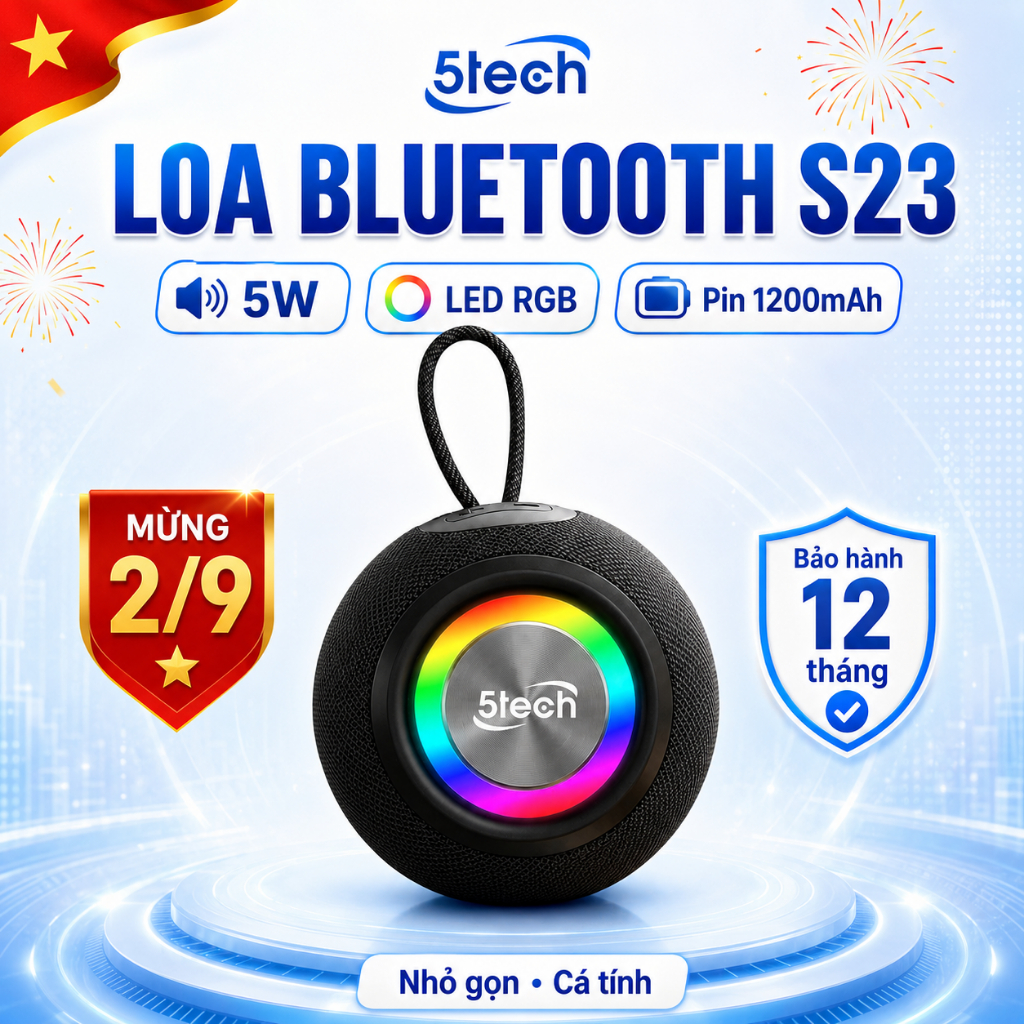 Loa bluetooth mini 5TECH chính hãng, loa nghe nhạc mini cầm tay, LED RGB, âm thanh vòm 360 độ